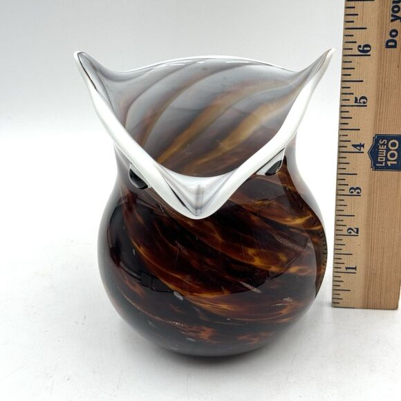 Figural Owl Art Glass Vase Multicolor Brown / White Copper Color Glitter Accents - Picture 8 of 10